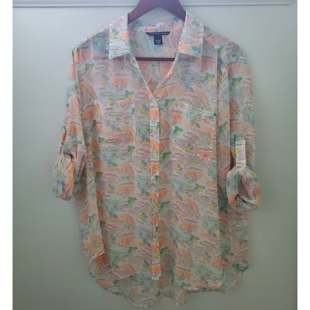 Victoria's Secret Capri Italy Printed Sheer Button-up Size Medium
